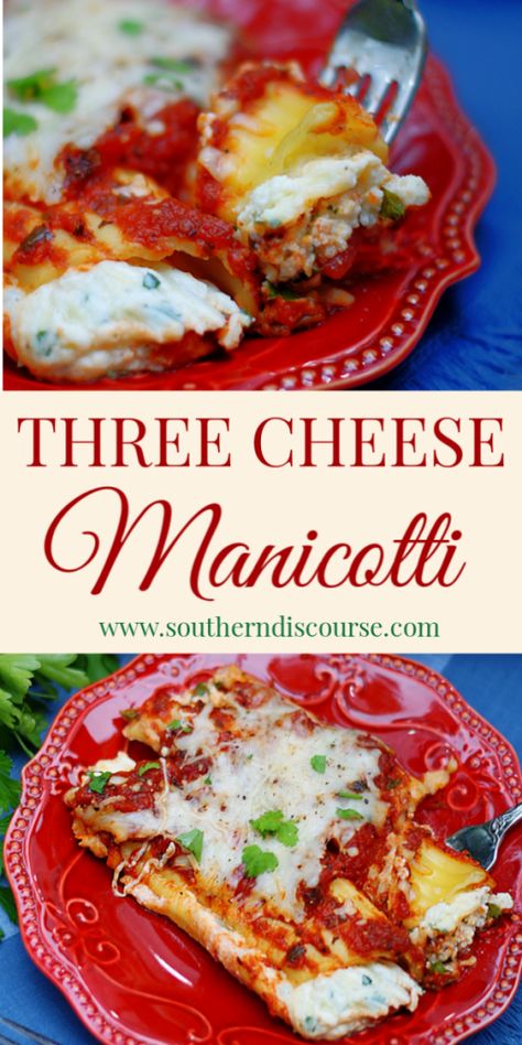 Classic 3 Cheese Baked Manicotti - a southern discourse Manicotti Recipe With Ricotta Cheese, Best Manicotti Recipe Cheese, Ricotta Manicotti Recipe, Baked Manicotti Recipe Ricotta, Manicotti With Ricotta Cheese, Cheese Stuffed Manicotti Easy Recipes, Stuffed Noodles Manicotti, Manicotti Filling Ricotta, Manicotti Recipe With Cream Cheese