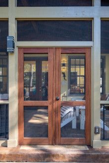 Porch Double Doors, Door Joinery, Build Porch, Cottage Exterior Ideas, Screened Porch Doors, Double Screen Doors, Cabin Design Ideas, Screened In Porch Diy, Stair Paneling