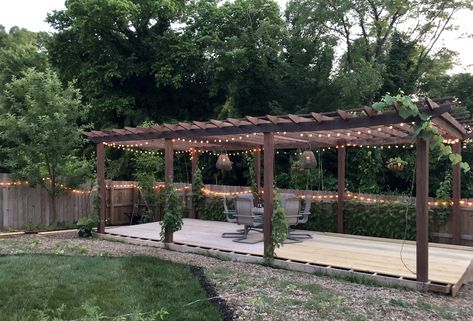 Pergola and Deck are almost complete, grape vines will eventually cover the top giving added shade and grapes to eat or try my hand at wine making. Grape Vine Over Deck, Grape Vine Veranda, Grape Pergola, Ornamental Grape Vine Pergola, Purple Leaf Pergola, Lower Deck, Wine Making, Outdoor Oasis, Grape Vines