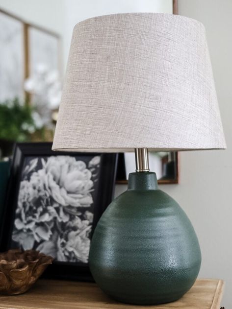 Affordable Home Decor: Upcycle Your Own Lamps - Cottage On Bunker Hill Paint Lamps, Texture Spray Paint, Thrift Store Lamp Makeover, Spray Paint Lamps, Thrifting Tips, Cheap Coffee Table, Small Entryway Table, Textured Spray Paint, Green Spray Paint