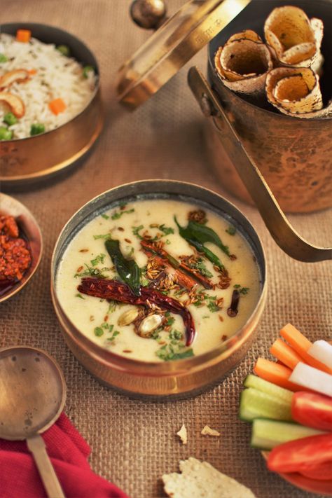 GUJRATI KADHI  A bowl of piping hot Kadhi, Pulav, Papad & Pickle can turn around even the rainiest day 🙂 Find refuge from the cold weather with this super easy comfort-food recipe.. Recipe on the blog: https://livesmileeat.com/gujarati-kadhi/ Gujarati Food Photography, Gujrati Foods, Gujrati Recipe, Gujarati Kadhi, Gujarati Food, Food Stories, Easy Comfort Food, Gujarati Recipes, Food Recipe