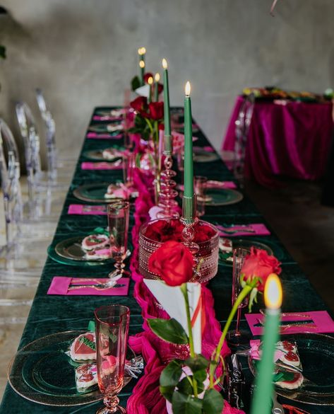 Nicole & Edward staged their micro wedding at @moementumstudio in Winter Park. I’ve shot portraits there before so I was already familiar with the space and could picture ahead of time what the images might look like.⁠ ⁠ The color theme was a bold green and hot pink with a lot of vegas-inspired details and an awesome cherry-adorned cake. It was so much lighthearted fun for these young lovers.⁠ ⁠ Thank you for having me, Nicole and Edward!⁠ ⁠ See their micro wedding at link in bio Emerald Hot Pink And Gold Wedding, Pink Red Green Wedding, Black Pink Green Wedding, Emerald Pink Orange Wedding, Dark Green And Pink Wedding, Emerald Green And Pink Wedding, Fuschia Aesthetic, Green Wedding Aesthetic, Emerald And Pink Wedding