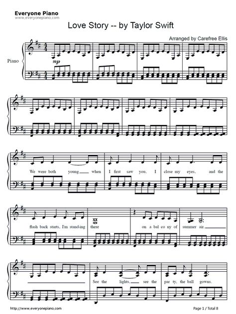 Free Love Story-Taylor Swift Piano Sheet Music Preview 1 - Free Piano Sheet Music & Piano Chords Taylor Swift Viola Sheet Music, Harry Styles Piano Sheet Music, Taylor Swift Piano Sheet Music, Love Story Taylor Swift, Pop Piano Sheet Music, First Love Song, Popular Piano Sheet Music, Sheet Music With Letters, Piano Songs Sheet Music