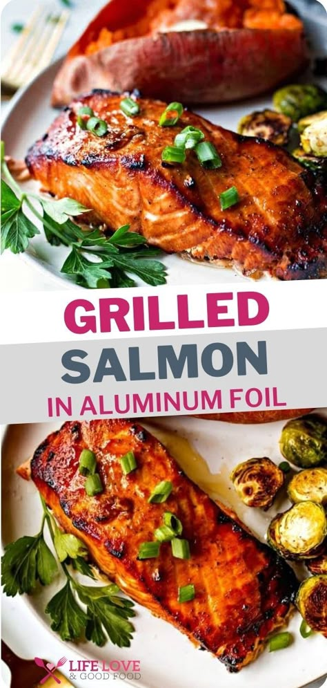 Make the absolute BEST Grilled Salmon in foil on the grill. This salmon has a slightly sweet and smoky flavor and is grilled to perfection in just around 15 minutes! During cooking, the marinade creates a nice glaze so that the salmon filets end up with a slightly crisp outside and light flakiness inside. This simple grilled salmon is not only delicious, but it is extremely easy to prepare. Foil Grilled Salmon, Foil Packet Salmon Grill, Foil Packets For The Grill Salmon, Best Salmon Marinade Grilled, Grilled Salmon Recipes Foil Bbq, Salmon Grilled Recipes Foil Packets, Cooking Salmon On The Grill, Bbq Salmon Recipes In Foil, How To Grill Salmon On The Grill