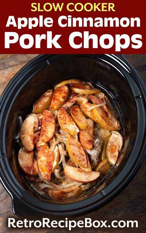 Slow Cooker Apple Cinnamon Pork Chops are a delicious savory sweet meal. This tasty crock pot pork chops recipe is very easy to make, and so tasty! A family slow cooker pork chops dinner. retrorecipebox.com #porkchops #slowcooker #crockpot Single Serve Crock Pot Recipes, Apple Cinnamon Pork Chops, Cinnamon Pork Chops, Slow Cooker Pork Chops Recipes, Crock Pot Pork Chops, Boneless Pork Chop Recipes, Crock Pot Pork, Slow Cooker Apple, Pork Crockpot Recipes