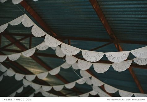 / Karoo Wedding, Doily Banner, Doily Bunting, Flag Diy, Paper Doilies, Vintage Wedding Decorations, Vintage Party, The Ceiling, Reception Decorations