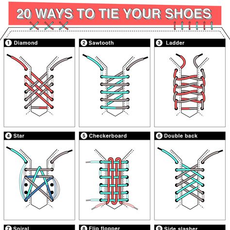 20 Ways to Tie Your Shoes Fancy Shoelace Tying, Creative Shoelace Tying, Shoe Lace Tie Style, Creative Shoe Lacing, Cool Ways To Tie Converse, Sneaker Shoelace Ideas, Ways To Tie Laces Sneakers, Tying Shoe Laces Ideas, Fancy Shoe Lace Tying