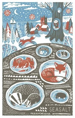 Underground Illustration, January Art, Illustration Christmas, Winter Art Projects, Winter Illustration, Linocut Art, Printed Tea Towel, Seasalt Cornwall, Winter Art