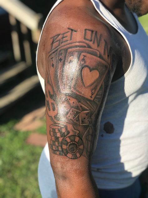 Bet on me tattoo Bicep Men Tattoo, Bet On Yourself Tattoo, Bet On Me Tattoo, Upper Half Sleeve Tattoos, Poker Tattoo, Arm Tattoos Black, Bicep Tattoo Men, Mexican Tattoo, Gamer Tattoos