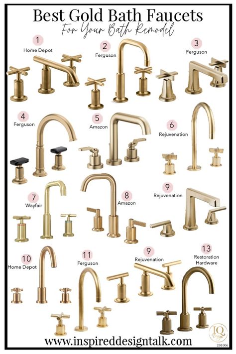 Brass Widespread Bathroom Faucet, Gold Bath Hardware, Gold Shower Bathroom Ideas, Kohler Brass Bathroom Faucet, Gold Tone Bathroom Fixtures, Farmhouse Bathroom Gold Fixtures, Brass Widespread Kitchen Faucet, Polished Gold Bathroom Fixtures, Black Faucet Gold Hardware Bathroom