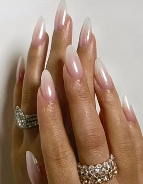 Milky French Ombre Nails, Ombre French Nails Chrome, Ombre French Nails With Chrome, Ombre French Tip Chrome, Blooming Gel Chrome Nails, Acrylic Nails Almond French, White Chrome French Tip Nails, Gel Chrome Nails, Chrome French Tip