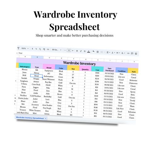 Wardrobe Inventory Spreadsheet: Keep Your Closet Organized | Wardrobe Inventory Spreadsheet, Product Inventory Spreadsheet, Clothing Inventory Spreadsheet, Wardrobe Inventory, Inventory Spreadsheet, Inventory Printable, Closet Inventory, Closet Organized, Organized Closet