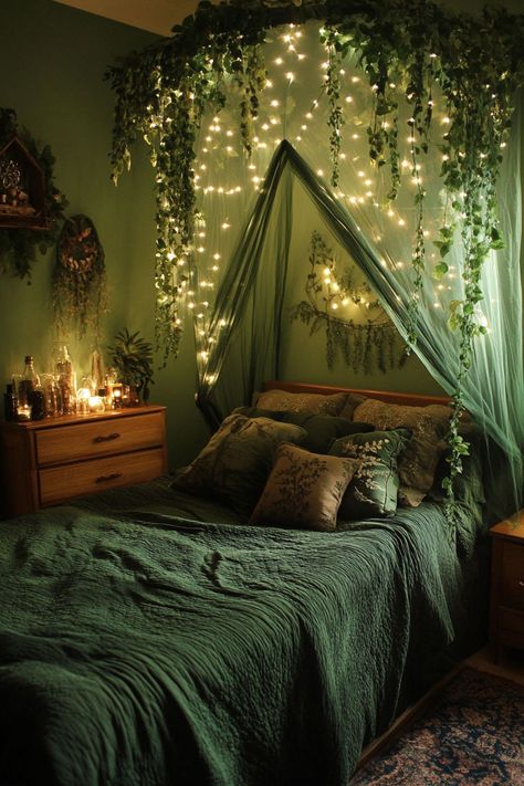 Room Decor Theme Ideas, Green Witchy Bedroom Aesthetic, Fire Room Aesthetic, Foresty Vibe Room, Nature Aesthetic Room Decor, Forest Room Ideas Bedroom, Forest Aesthetic Home Decor, Witchy Room Inspiration, Green Witch Apartment