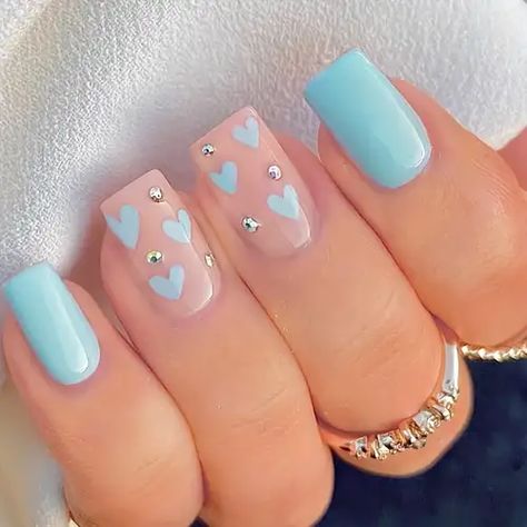 Faster shipping. Better service Press On Nails Blue, Mint Green Nails, Square Press On Nails, Baby Blue Nails, Cute Simple Nails, Girly Acrylic Nails, Blue Hearts, Really Cute Nails