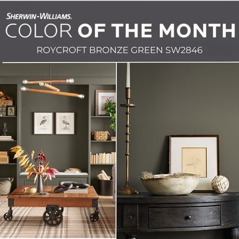 One of Sarah’s personal favorites, Roycroft Bronze Green steals the show as @sherwinwilliams March Color of the Month. A green that reads as a neutral- yes please. Did you know we offer single day design services to help you select paint colors, flooring, and more for your own renovation? #roycroftbronzegreen #roycroft #sherwinwilliams #paint #wallcolor #painting #interiordesign Rock Wood Dark Green Sherwin Williams, Moody Color Palette Sherwin Williams, Crooked River Sherwin Williams, Greenish Brown Paint Colors, Downing Earth Sherwin Williams, Warm Green Paint Colors Sherwin Williams, Sw Retreat Bedroom, Muddled Basil Sherwin Williams, Rock Garden Sherwin Williams