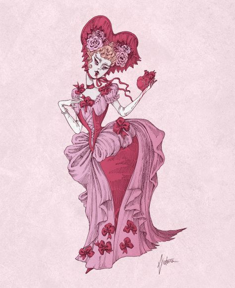 ALBERT VICTORIA - A Valentine Vampire. Made with ink on paper and... Victorian Dress Drawing, Vampire Valentine, Rococo Aesthetic, Illustration Tumblr, Vampire Illustration, Art Of Beauty, Disney Dolls, Fashion Design Drawings, Fashion Inspiration Design