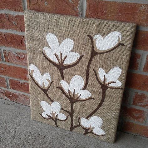 Cotton Boll Painting on Burlap 16x20 canvas by YDoodleDesigns ... Burlap Painting Canvases, Jute Canvas Art, Jute Painting Ideas, Painting On Burlap Canvas, Jute Painting, Painting On Burlap, Burlap Painting, Burlap Canvas Art, Burlap Wall Art