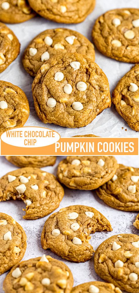 These White Chocolate Chip Pumpkin Cookies are the perfect cookies for fall. They're soft, chewy and packed with delicious pumpkin and spice flavour! | queensleeappetit.com #cookies #pumpkincookies #chocolatechipcookies #pumpkin Pure Pumpkin Cookies, Pillsbury Pumpkin Cookies Recipe, Pumpkin Flavoured Desserts, Pumpkin Cookies With Cream Cheese Chips, Pillsberry Pumpkin Cookies, Pumpkin And White Chocolate Chip Cookies, Pumpkin Spice Cookies With White Chocolate Chips, Pumpkin White Chip Cookies, Pumpkin Spice White Chocolate Chip Cookies