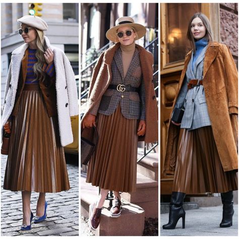 Leather Pleated Skirt Outfit Winter, Maroon Pleated Skirt Outfit, Brown Pleated Skirt Outfit, Leather Pleated Skirt Outfit, Camel Color Outfits, Coat Styling, Brown Pleated Skirt, Outfit Elegantes, Pleated Skirt Outfit