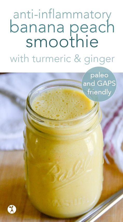 Anti-Inflammatory Banana Peach Smoothie :: paleo & GAPS-friendly Tumeric Smoothies, Antiinflammatory Smoothies, Smoothie Antiinflammatory, Ginger Turmeric Smoothie, Smoothie With Ginger, Cafeteria Kitchen, Peach Banana Smoothie, Bar Pictures, Paleo Vegetarian