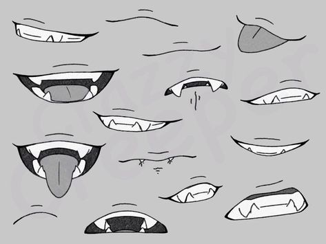 Mouth Drawing Front View, Teeth Mouth Drawing, Fangs Drawing Reference, Anime Lip Reference, Grinning Drawing Reference, Mouth Drawing Reference Fangs, Body Types Drawing, Teeth Reference, Sketch Mouth