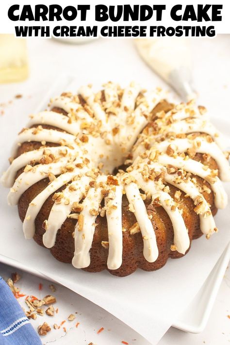 Carrot Bundt Cake with Cream Cheese Frosting and chopped pecans on top. Nothing Bundt Carrot Cake, Best Carrot Bundt Cake Recipe, Carrot Bundt Cake Moist, Carrot Cake Bundt Cake Recipe, Carrot Bundt Cake Recipe, Carrot Cake Bundt, Carrot Recipes Dessert, Carrot Bundt Cake, Butterscotch Recipes