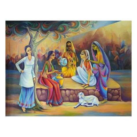 This painting is portraying a group of women gossiping around. GOSSIP-2 (ART-7685-100561) - Handpainted Art Painting - 44 in X 36in By Artist Suman Verma. Please click here to buy this painting https://www.fizdi.com/gossip-2-art-7685-100561-handpainted-art-painting-44-in-x-36in/ #fizdiofficial #acrylic #canvas #acrylicpainting #painting #figurative #figurativeart #figurativepainting #artwork #artoftheday #rurallife #countryside Pictorial Painting, Pictorial Composition, Village Scene Drawing, Pictorial Design, Desi Art, Rajasthani Painting, Village Women, Kitchen Painting, Composition Painting