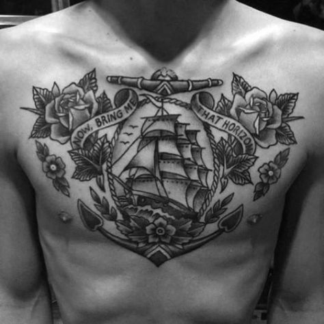 Anchor Chest Tattoo, Chest Tattoo Designs For Men, Cross Tattoos For Men, Tradition Tattoo, Traditional Viking Tattoos, Brisbane Tattoo, Boat Tattoo, Nautical Ideas, American Traditional Tattoos