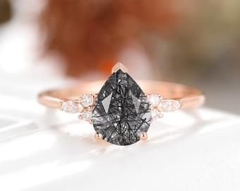 Vintage Anniversary Rings, Vintage Opal Engagement Ring, Marquise Cut Rings, Promise Rings Vintage, Pear Cut Ring, Quartz Engagement Ring, Pear Shaped Ring, Black Rutilated Quartz, Moissanite Bridal Sets