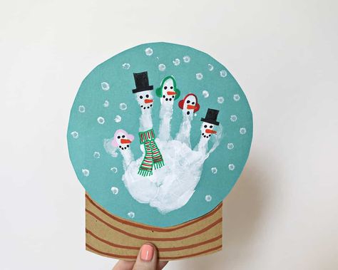 Snow Globe Craft - Childhood Magic Handprint Snowglobe, Snow Globe Handprint, Winter Crafts School, Easy Snow Globe Craft, Snowman Handprint, Easy Snow Globes, Snowglobe Craft, Handprint Activity, Christmas Cards Handmade Kids