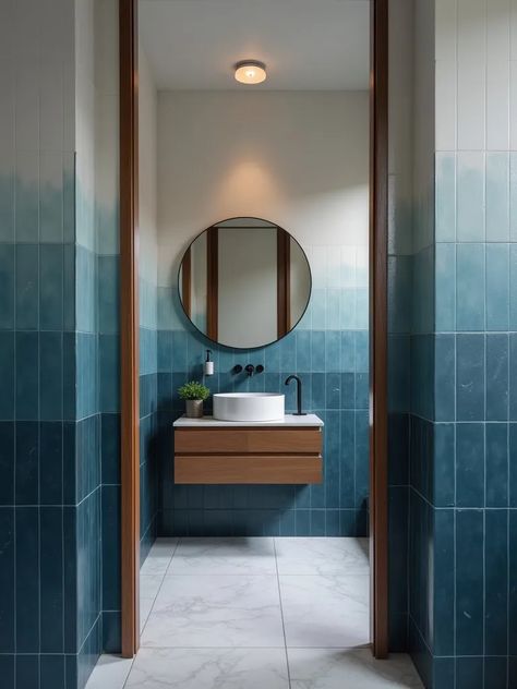 Atmospheric bathroom featuring ombre blue to white wall tiles Blue Tile Combinations Bathroom, Ombre Tile Wall, Ombre Bathroom Wall Tile, Navy Blue Shower Tile Ideas, Teal Bathroom Tiles, Ombré Tile, Blue Subway Tile Bathroom, Colorful Bathroom Ideas Bright, Modern Blue Bathroom