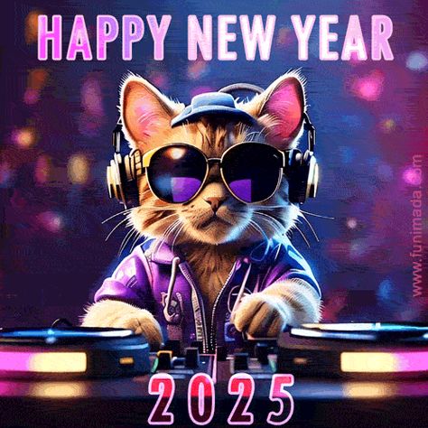 Happy New Year 2025 GIF Images | Funimada.com Cat Wearing Headphones, Happy Birthday Dj, Wearing Headphones, Birthday Gif, Dancing, Dj, Headphones, Happy Birthday, Gif