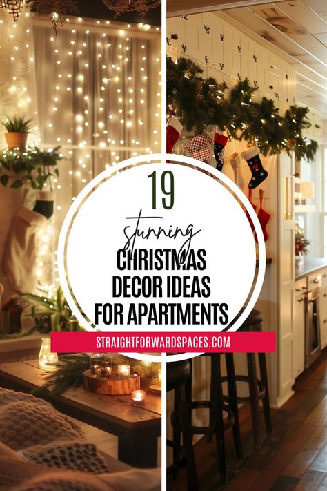 a stunning apartment christmas setup, with elegant and cozy decorations that fit small spaces perfectly. Loft Apartment Christmas Decorations, Small Apartment Christmas Decorating, Interior Christmas Decor Ideas, Small Living Room Christmas Decor, Christmas Countertop, Christmas Countertop Decor, Minimalistic Christmas Decor, Christmas Hallway Decorations, Interior Christmas Decor