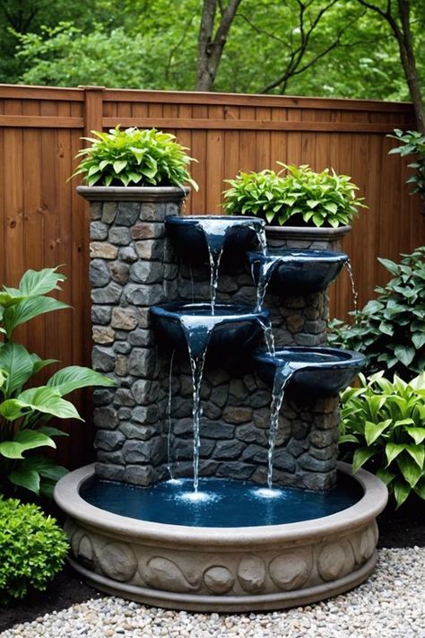 Outdoor Water Fountains for a serene ambiance! Discover 20 inspiring water fountains to elevate your yard's style and tranquility. Get ready to transform your outdoor space and relax amidst soothing sounds. Click to explore and get inspired! Fountain In Backyard, Dröm Hus Planer, Garden Fountains Outdoor, Outdoor Wall Fountains, Water Fountain Design, Taman Air, Indoor Water Garden, Garden Pond Design, Outdoor Water Features