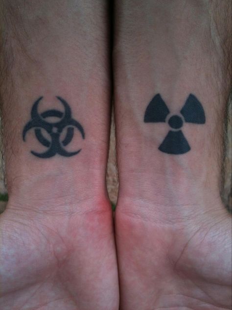 Radioactive Symbol, Emo Tattoos, Funky Tattoos, Sharpie Tattoos, Stick N Poke, Symbol Tattoo, Spooky Tattoos, Symbol Tattoos, Stick And Poke