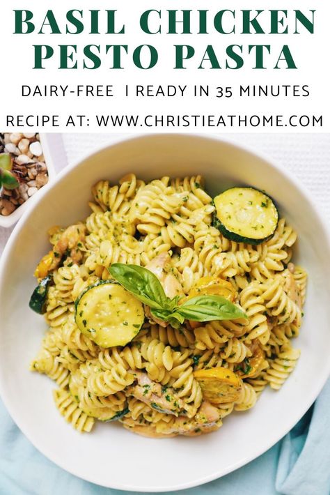 Basil Pesto Chicken Pasta. Delicious, dairy-free and only takes 35 minutes to make. Perfect for dinner or as leftovers for lunch! Basil Pesto Chicken Pasta, Easy Basil Pesto, Dairy Free Pasta Recipes, Pesto Pasta Recipes Chicken, Easy Pesto Pasta, Pasta With Zucchini, Basil Pesto Chicken, Gluten Free Pesto, Basil Pesto Pasta