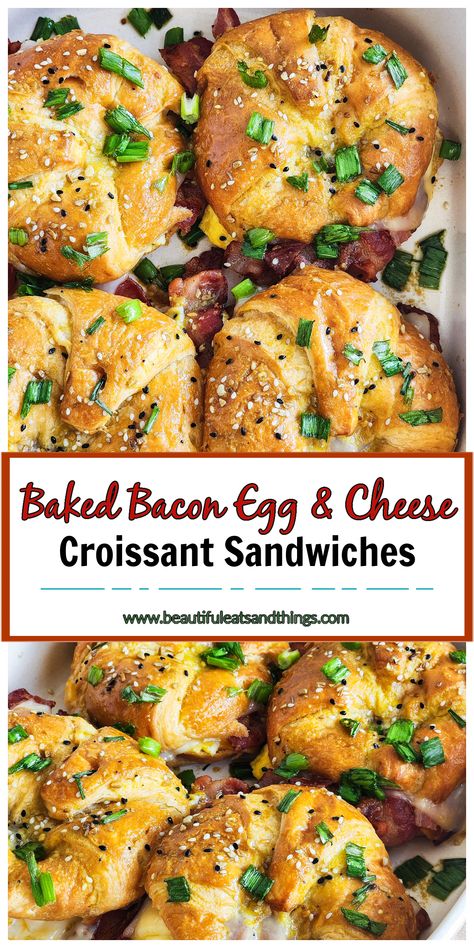 Savory Baked Bacon Egg & Cheese Croissant Sandwiches - Beautiful Eats & Things Egg Cheese Croissant, Croissant Breakfast Sandwiches, Croissant Casserole, Croissant Recipes, Croissant Breakfast Casserole, Croissant Sandwiches, Greek Chicken And Potatoes, Croissant Breakfast Sandwich, Bacon Egg Cheese