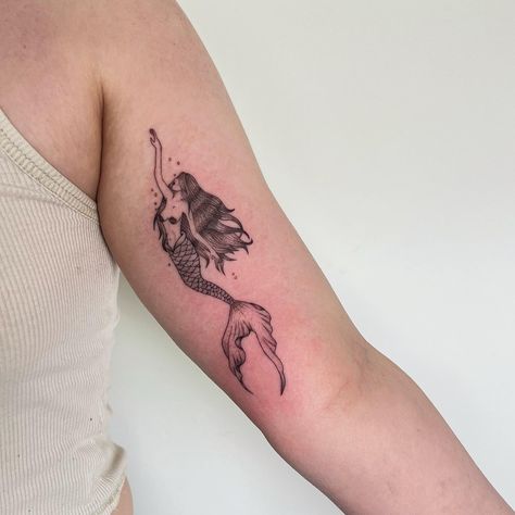 Mermaid tattoos Mermaid Tattoo Inner Bicep, Detailed Mermaid Tattoo, Fairy Rib Tattoo, Big Mermaid Tattoo, Tattoo Mermaid, Siren Tattoo Dark Mermaid, Mermaid Tattoo Ideas For Women, Vintage Mermaid Tattoo, Small Mermaid Tattoo