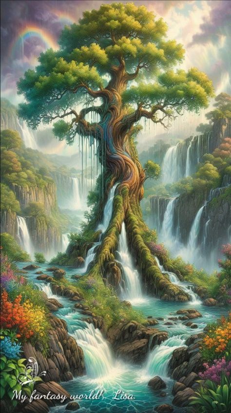 Giant Tree Fantasy Art, Trees Art Drawing, Ancient Atlantis, Fairy Background, Miracle Tree, Summer Tree, Fantasy Tree, Magical Tree, Summer Trees