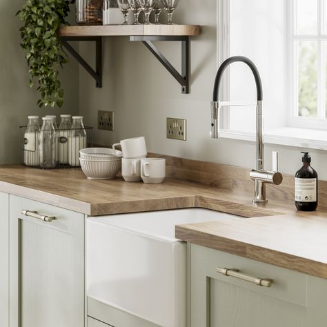 Kitchen Cabinets Two Tone, Sage Green Kitchen Cabinets, Green Country Kitchen, Cottage Extension, Sage Kitchen, Wood Worktop, Sage Green Kitchen, Belfast Sink, Country Kitchen Designs