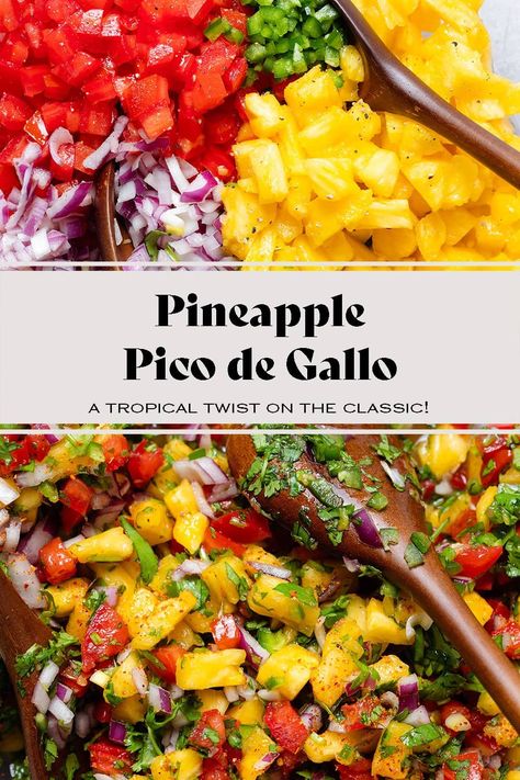 This Pineapple Pico de Gallo is a tropical twist on the classic fresh salsa. It's easy to make and perfect for summer. Serve it as an appetizer with tortilla chips and other dips, or add it to tacos, burritos, or bowls. Perfect for anything from parties to weeknight dinners! via @healthfulideas Pineapple Pico, Roasted Corn Salsa, Tomato Snacks, Pineapple Salsa Recipe, Salsa Recipes, Fruit Salsa, Pineapple Salsa, Tacos Burritos, Tropical Twist