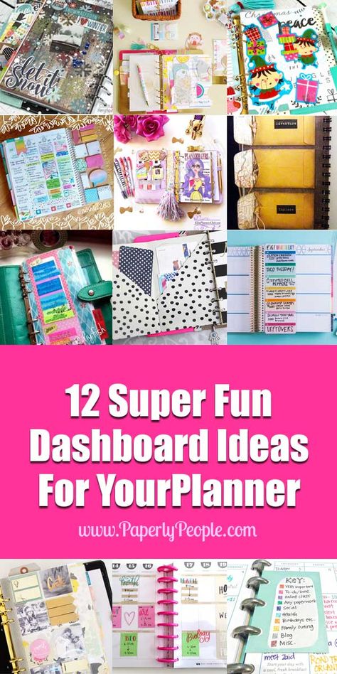 12 Super Fun Dashboard Ideas For Your Planner | I have been thinking about a couple of dashboard ideas for my diy planner and OF course, I wanted to see what all the other creative peeps were doing. Along the way I found some GREAT dashboard ideas and a few that wouldn't work for me but which I thought you might like to see. Dashboard Layout Happy Planner Ideas, Planner Dashboard Ideas, Happy Planner Printables, Happy Planners, Planner Diy, To Do Planner, Happy Planner Layout, Creative Planner, Planner Tips