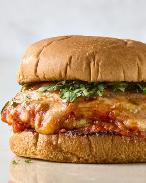 Ground Chicken Parm Burgers, Chicken Parm Burgers, Chicken Parmesan Burgers, Chicken Parm Burger, Chicken Parm Meatballs, Chicken Patty, Meat Entrees, Chicken Receipes, Turkey Sandwich