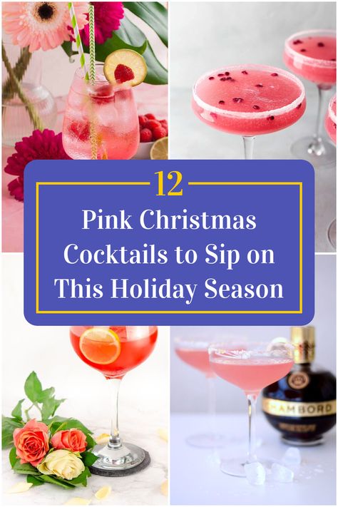 Collage of 4 pink christmas cocktails. Pretty Holiday Cocktails, Pink Sangria Recipe, Fancy Christmas Drinks, Pink Christmas Party Ideas, Pink Christmas Drink, Tropical Christmas Drinks, Pink Christmas Food, Pink Champagne Cocktail, Christmas Prosecco Cocktails