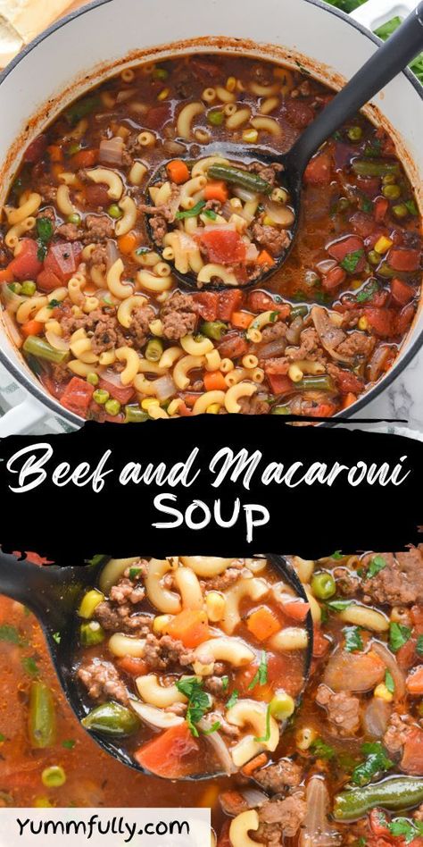 Warm up your body with our hearty Beef and Macaroni Soup, a comforting blend of tender beef, al dente macaroni, and rich broth, perfect for chilly days. For a satisfying bowl of warmth and flavor, give this recipe a try today. click to get more delicious recipes that will make your day even better! Beef And Macaroni Soup, Beef Macaroni Soup, Hamburger Macaroni Soup, Best Hamburger Soup Recipe, Hamburger Macaroni, Tomato Macaroni, Macaroni Soup Recipes, Beef Macaroni, Macaroni Soup