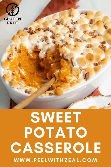 This GF sweet potato casserole recipe is topped with both marshmallows and pecans. It is sweet, creamy and perfect for Thanksgiving. This might be my best thanksgiving side dish recipe yet! Gluten Free Sweet Potato Casserole, Sweet Potato Marshmallow Casserole, Thanksgiving Sweet Potato Casserole, Baked Sweet Potato Casserole, Best Sweet Potato Casserole, Maple Sweet Potatoes, Sweet Potato Thanksgiving, Freeze Sweet Potatoes, Sweet Potato Casserole Easy