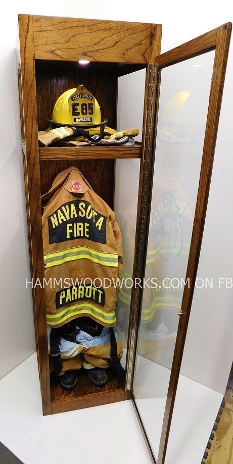 Fire fighter, Shadowbox memorabilia, Custom Woodwork,Childrens furniture Firefighter Gear Display, Firefighter Display, Firefighter Bar, Fire Dept Decor, Firefighter Man Cave, Fire Department Decor, Firefighter Room, Childrens Step Stool, Firefighter Crafts