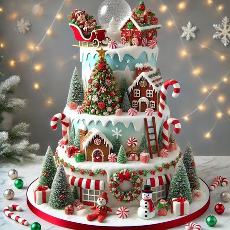 3 Tier Christmas Cake, Two Tier Christmas Cake, Christmas Village Cake, Christmas Birthday Cake Ideas, Snow Globe Cake, Christmas Sugar Cookie Designs, Holiday Themed Cakes, Best Birthday Cake Designs, Boho Cakes