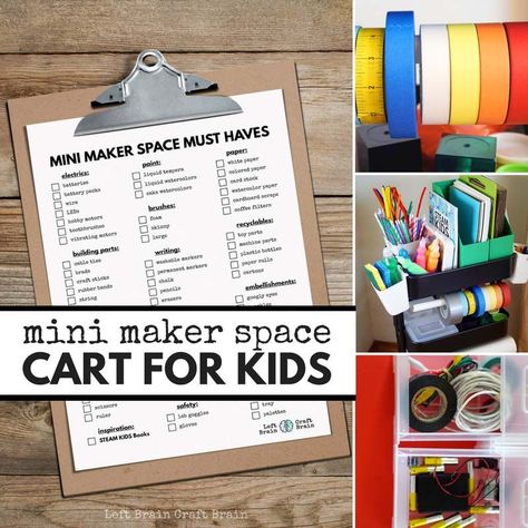 Use this helpful checklist to create a Mini Maker Space Cart for Kids filled with STEM & STEAM projects like circuits, art, and tinkering. Maker Space Preschool, Maker Station Classroom, Maker Space Ideas Elementary, Maker Space Kindergarten, Maker Space Supplies, Steam Bins, Tinker Space, Makers Space Elementary, Makerspace Elementary Library