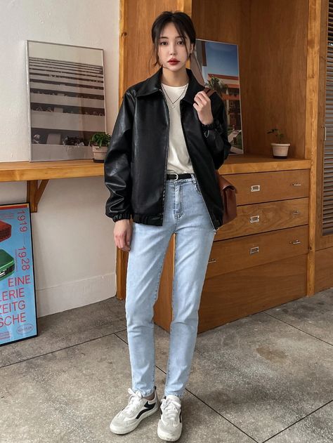 DAZY Slant Pockets PU Leather Jacket | SHEIN USA Leather Jacket Korean Outfit, Outfit Jaket Kulit, Normal Outfits, Seoul Style, Zipper Outfit, Black Leather Blazer, Jacket Outfit Women, Outfits Vintage, Office Casual Outfit